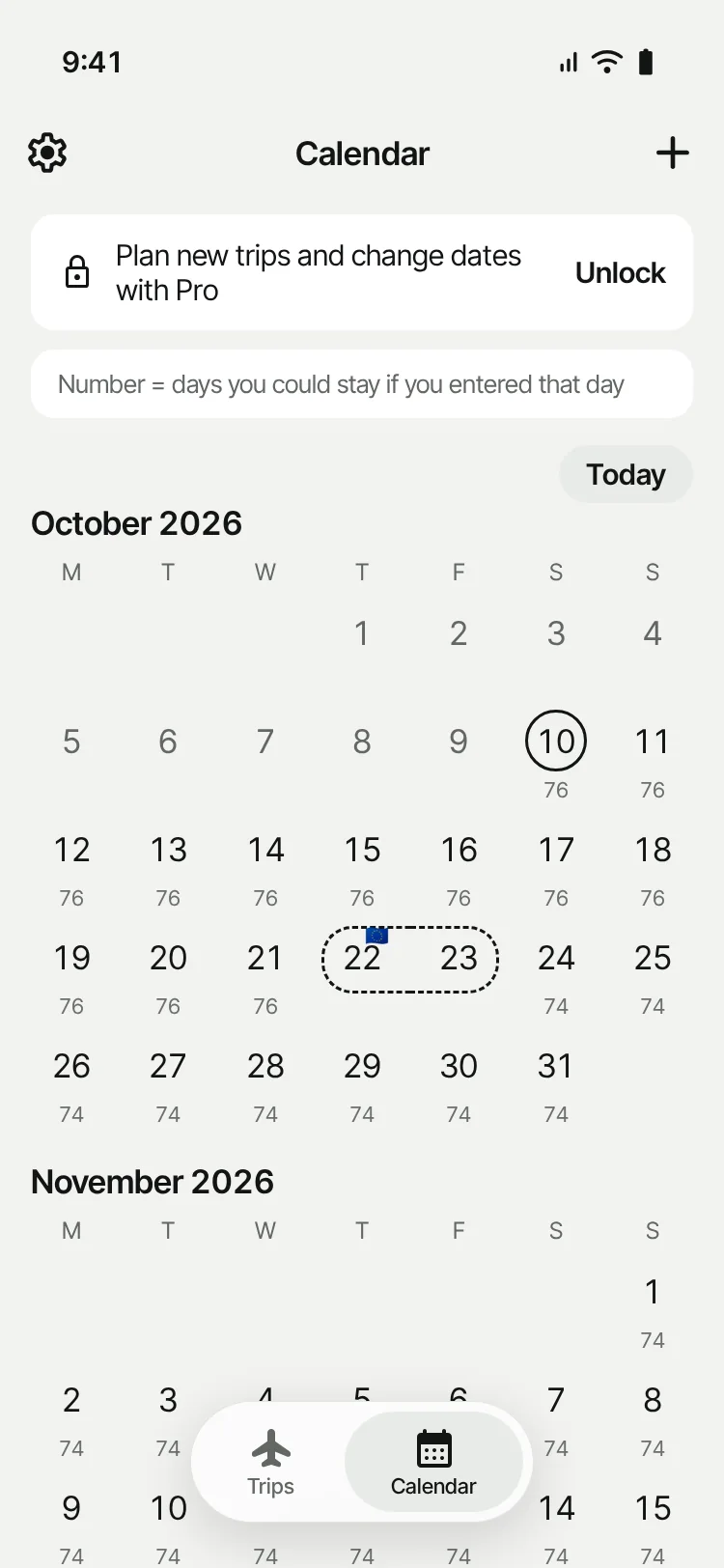 Calendar in 90 Left: under every date, the number of days you could stay if you entered that day